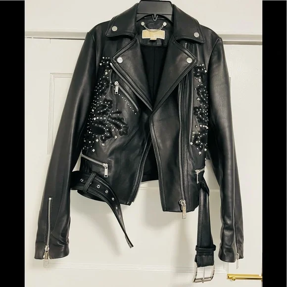 Like New MICHAEL Michael Kors Studdded Belt Biker Jacket 100% Real Lamb Leather - Picture 5 of 14